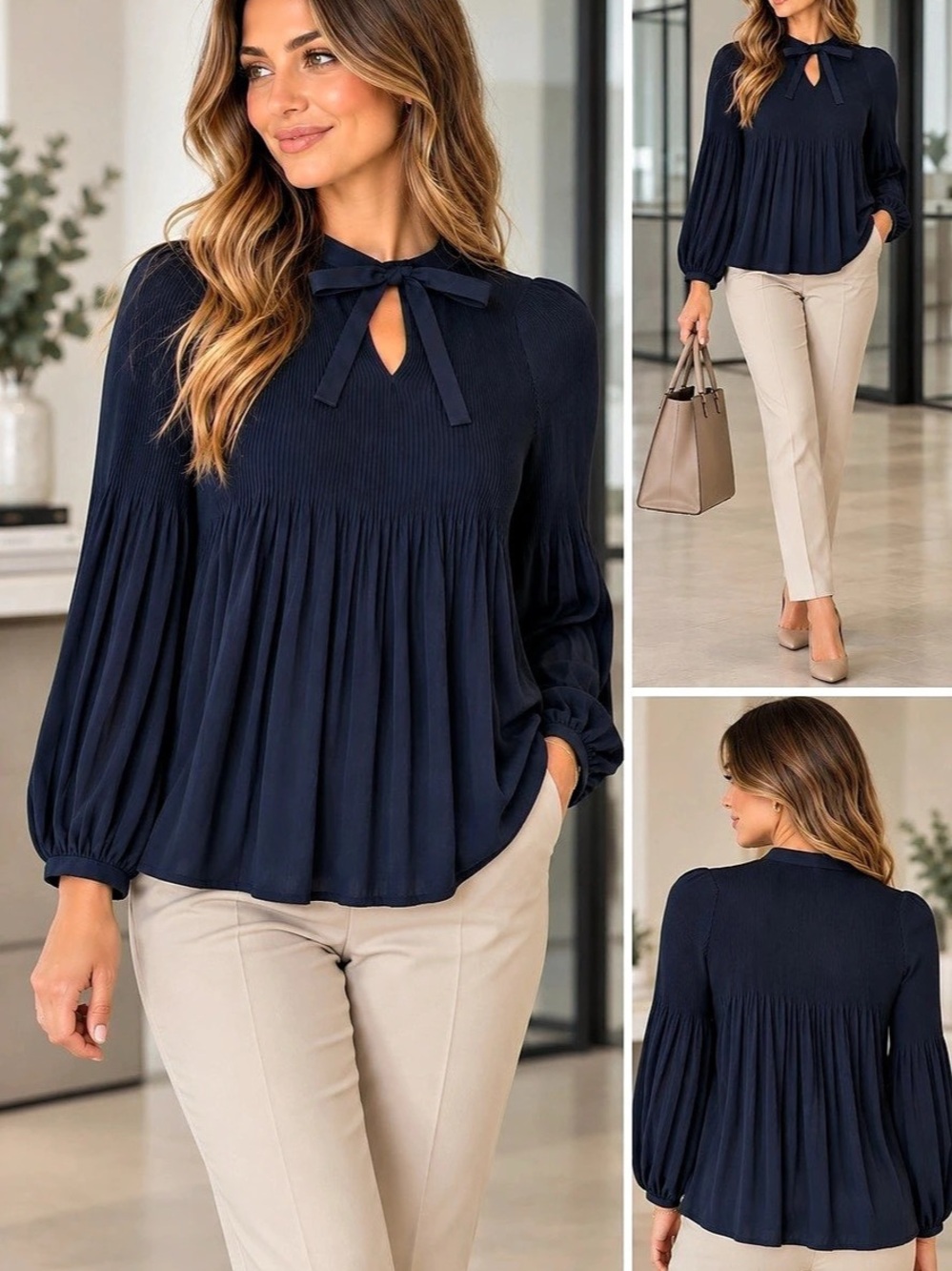 Lauren Ralph Lauren Georgette Tie-Neck Blouse Navy Large NWT